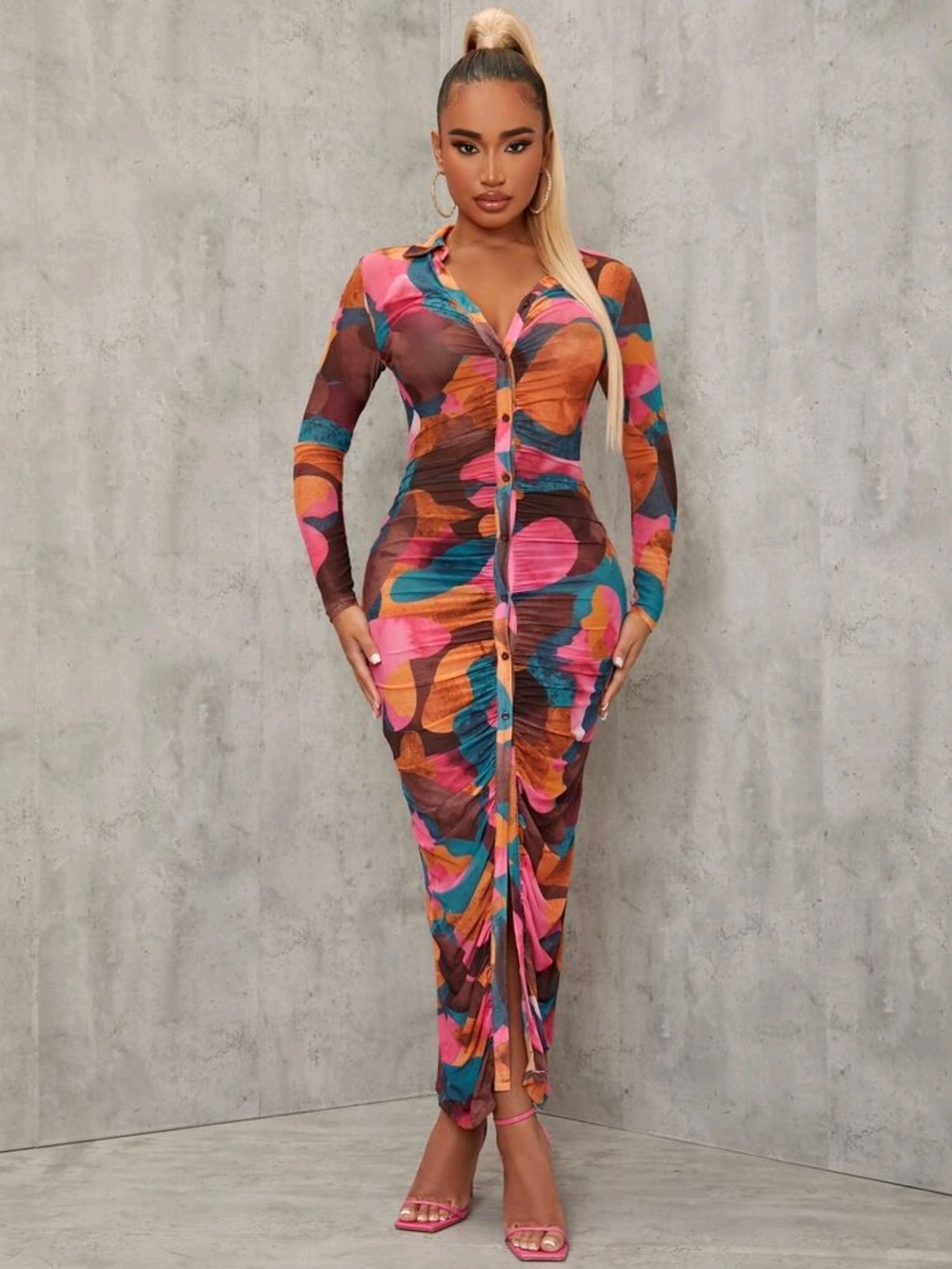 SHEIN Multicolor Abstract Ruched Button-Front Maxi Dress